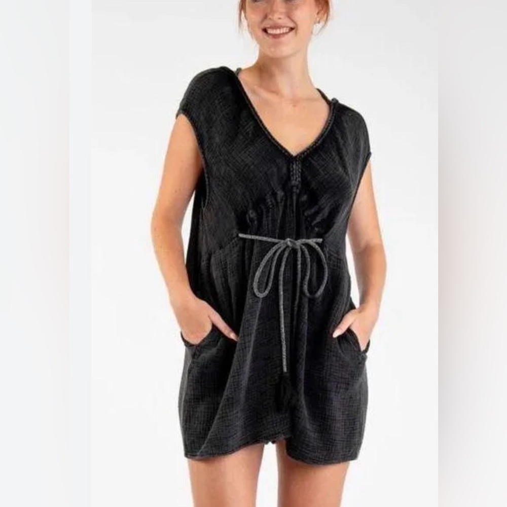 Blue Velvet Charcoal Cotton Gauze Boho Romper Small